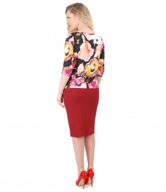 Bluza din jerse imprimat cu flori si fusta creion