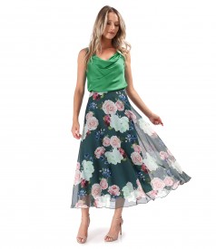 Tinuta eleganta cu fusta midi din voal imprimat cu bluza din satin de viscoza