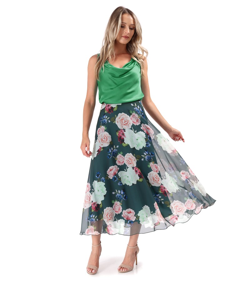 Tinuta eleganta cu fusta midi din voal imprimat cu bluza din satin de viscoza