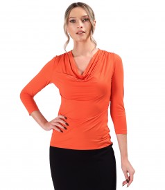 Bluza din jerse elastic cu decolteu in falduri si maneci 3/4