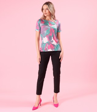 Bluza din jerse elastic imprimat cu pantaloni pana