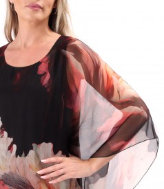 Rochie midi fluture din voal de matase naturala imprimata cu motive florale