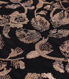 Rochie midi de ocazie cu corsaj si maneci ample din paiete aurii cu motive florale