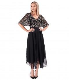Rochie midi de ocazie cu corsaj si maneci ample din paiete aurii cu motive florale