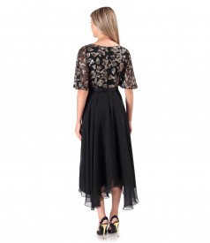 Rochie midi de ocazie cu corsaj si maneci ample din paiete aurii cu motive florale