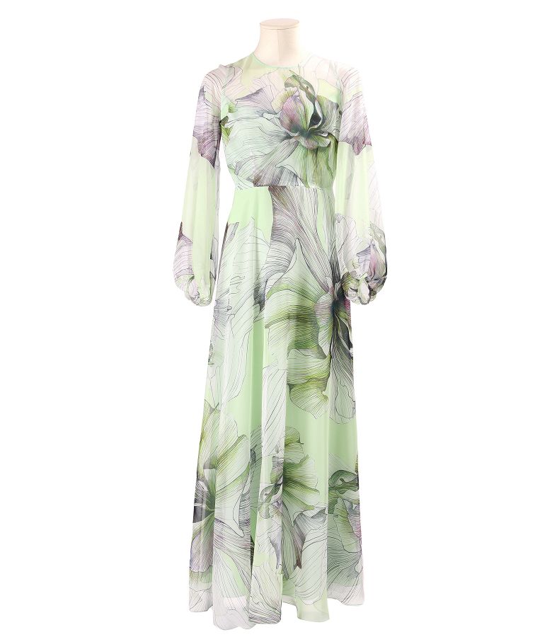 Rochie lunga din voal fin imprimat digital cu motive florale supradimensionate